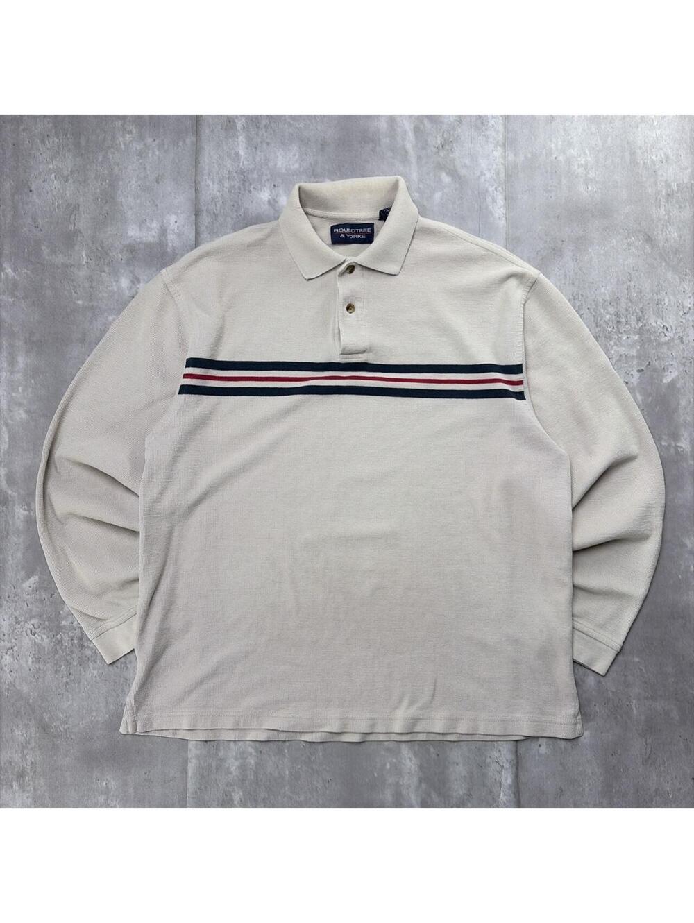 Vintage Beige Roundtree & Yorke Grunge Striped Long Sleeve Rugby Polo Shirt